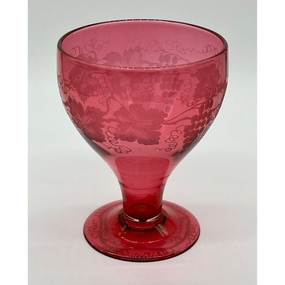 Other - Vintage Cranberry/Red Etched Crystal Grape and Vine Footed Goblet 5.5" Tall